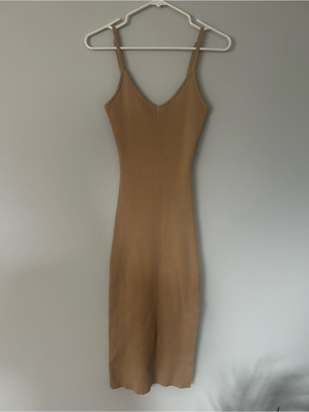 Lulus Ribbed V-Neck Slip Dress in Camel